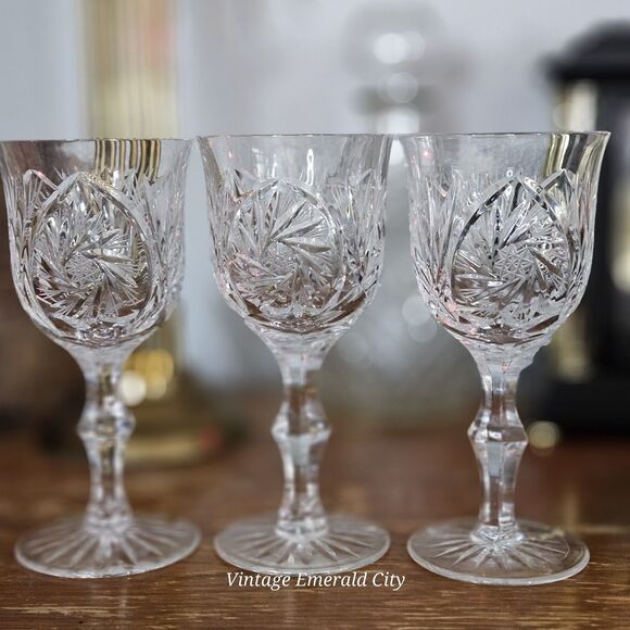 Vtg American Cut Crystal Co. ELEANOR Star & Fan Cut Pattern Wine Goblet Set Of 3 - Picture 2 of 12